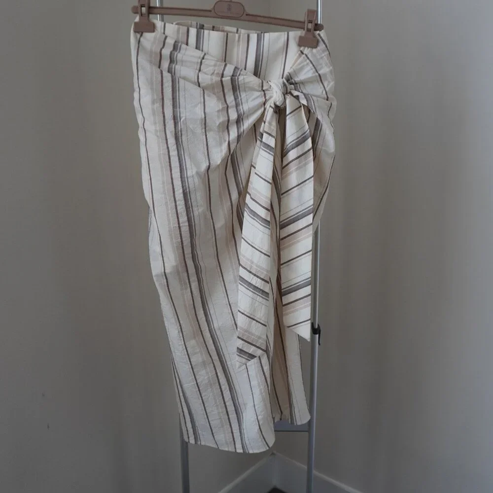 Brunello Cucinelli Sarong Skirt Cotton Beige Stripe Size 8 NewTag $1,995 - Picture 4 of 6